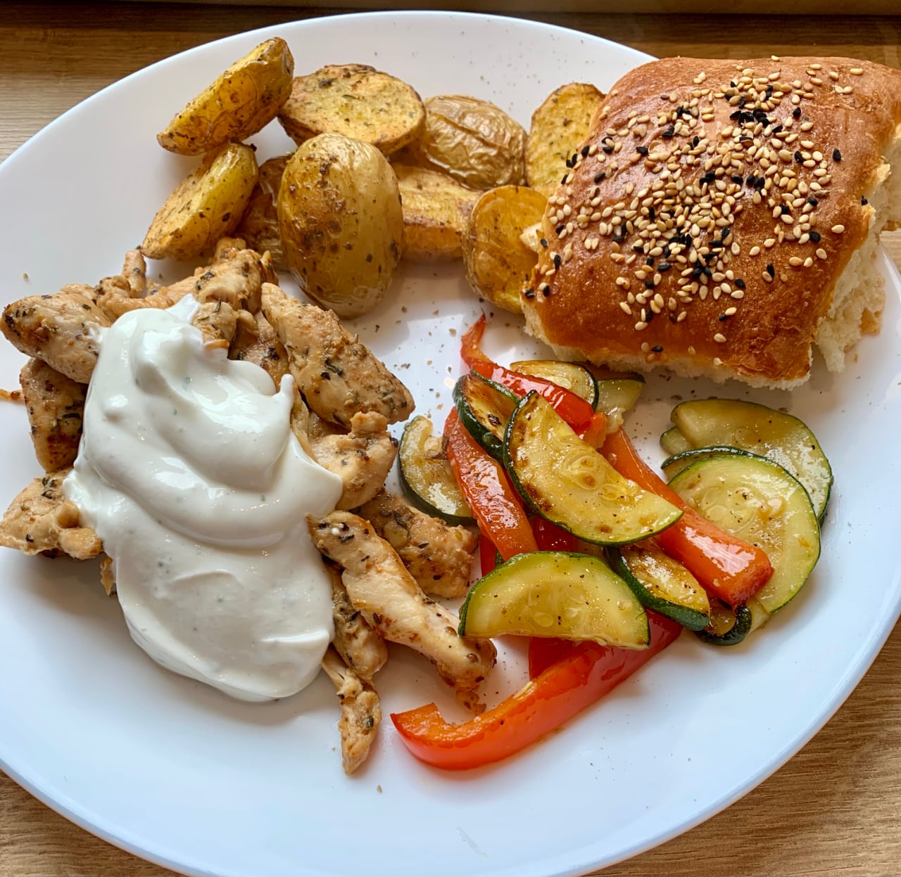 You are currently viewing Gyros mit Ofendrillingen, Fladenbrot, Pfannengemüse und Tzatziki (für 4 Personen)